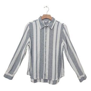 Orvis Shirt Womens Small White Linen Blend Stripes Roll Tab Sleeve Coastal Beach